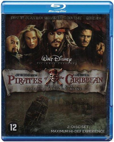 Boîtier Blu-ray de Pirates des Caraïbes. Image des personnages, boîtier bleu, texte du titre.