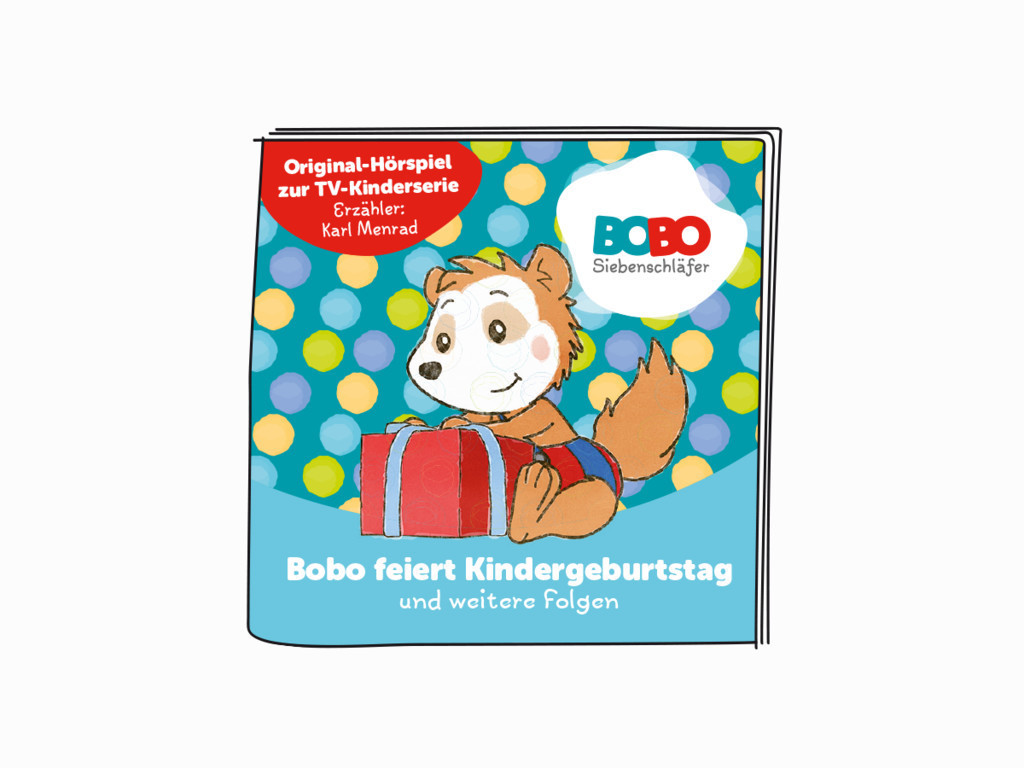 Buchcover: Bobo der Bär mit rotem Geschenk, Text: Bobo feiert Geburtstag und mehr.