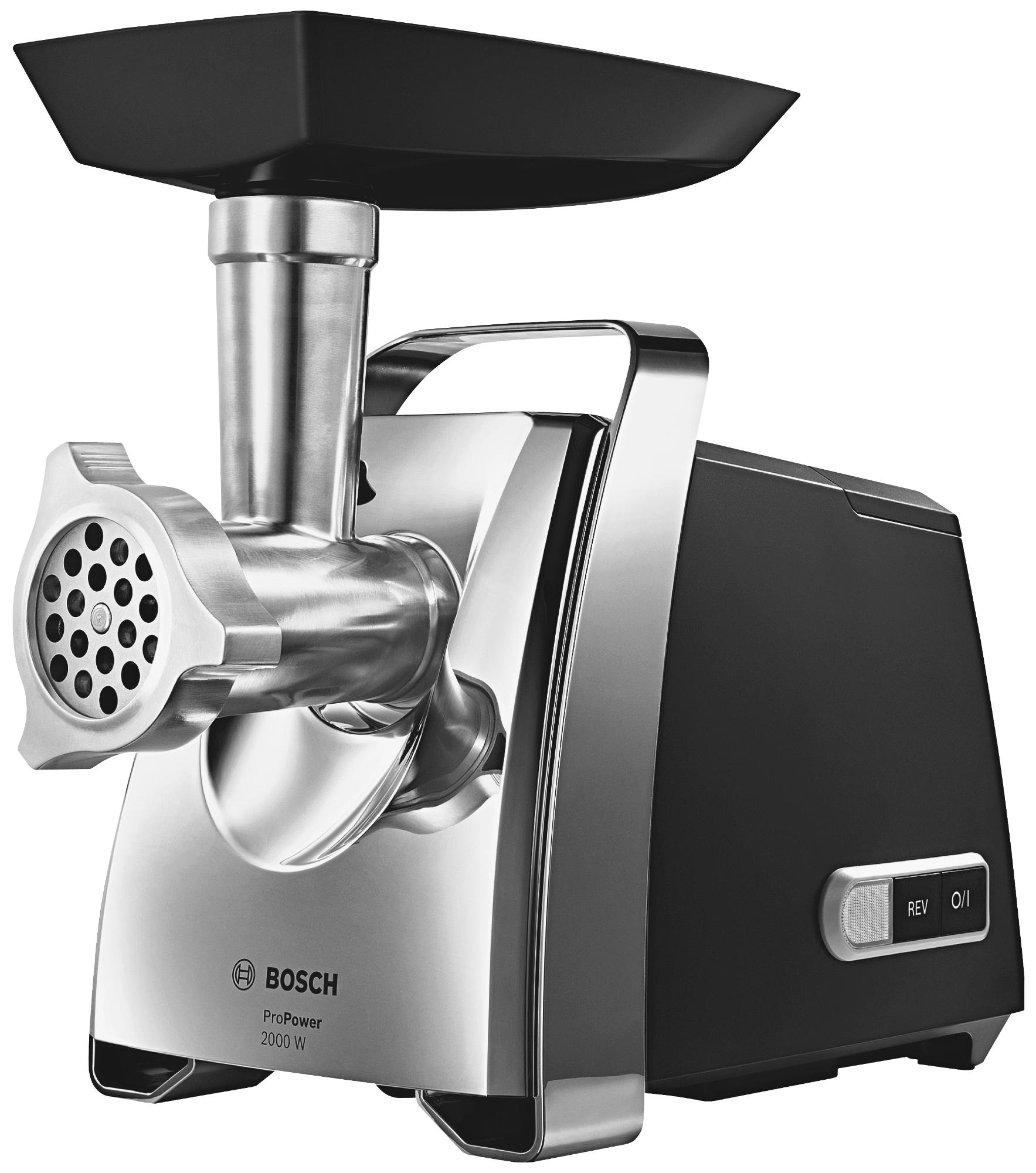 Bosch ProPower Fleischwolf. Silber und schwarz, mit weißer 'REV'-Taste.