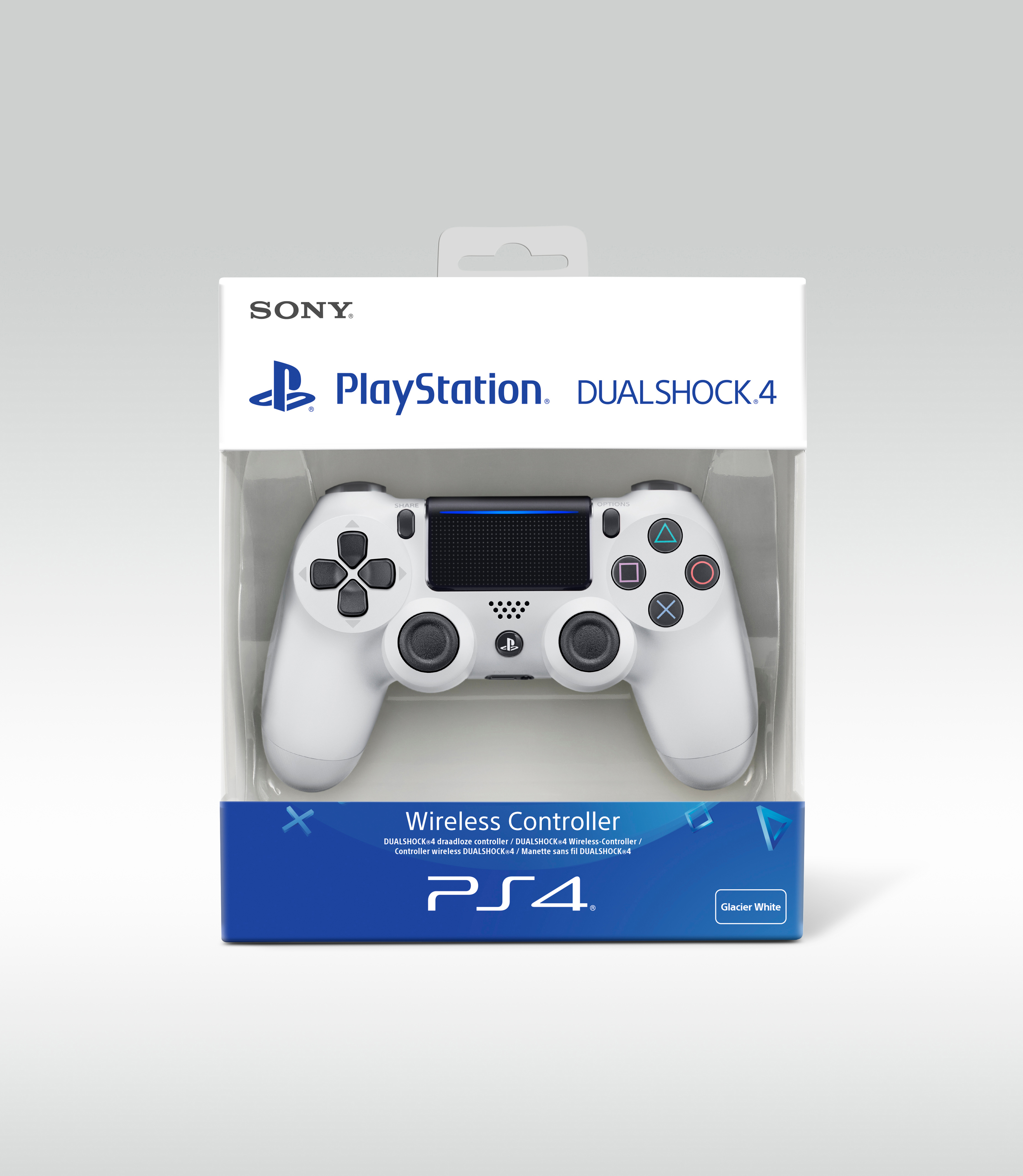 Controller Playstation PS4 bianco in una scatola di plastica trasparente. La scatola ha accenti blu e il logo Sony.