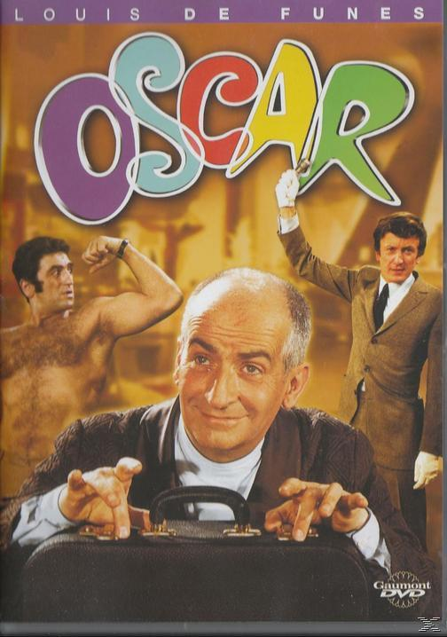 Affiche du film 'Oscar'. Louis de Funes est au centre, deux autres hommes sont de chaque côté.