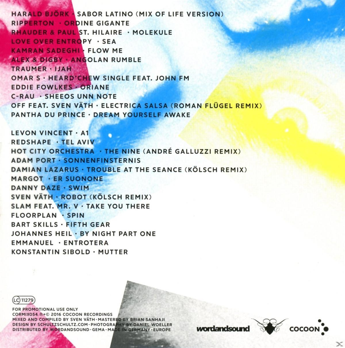 Albumcover mit einer Liste von Songtiteln und Künstlern in weißer Schrift auf farbigem Hintergrund.
