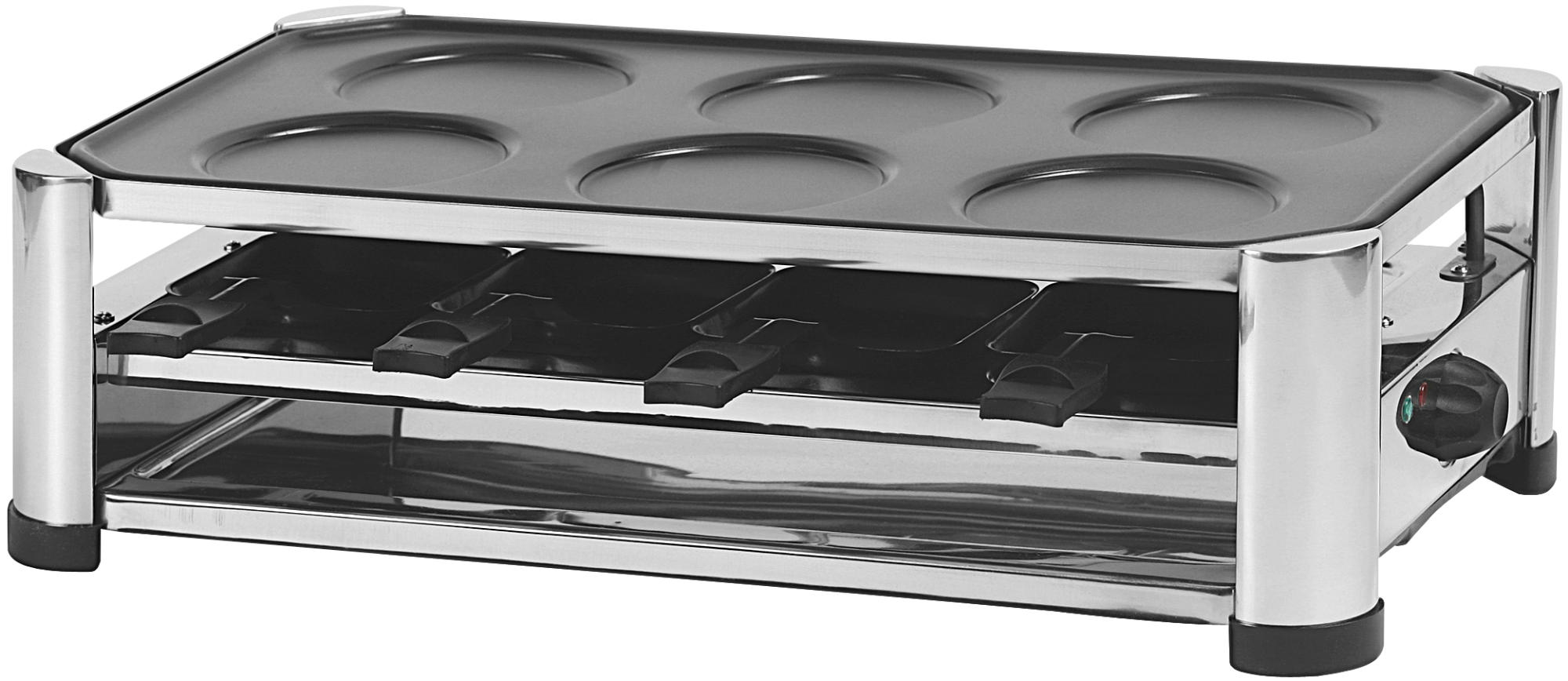 Griglia per raclette in acciaio inox con sei punti di riscaldamento circolari per formaggio e padelle sottostanti.