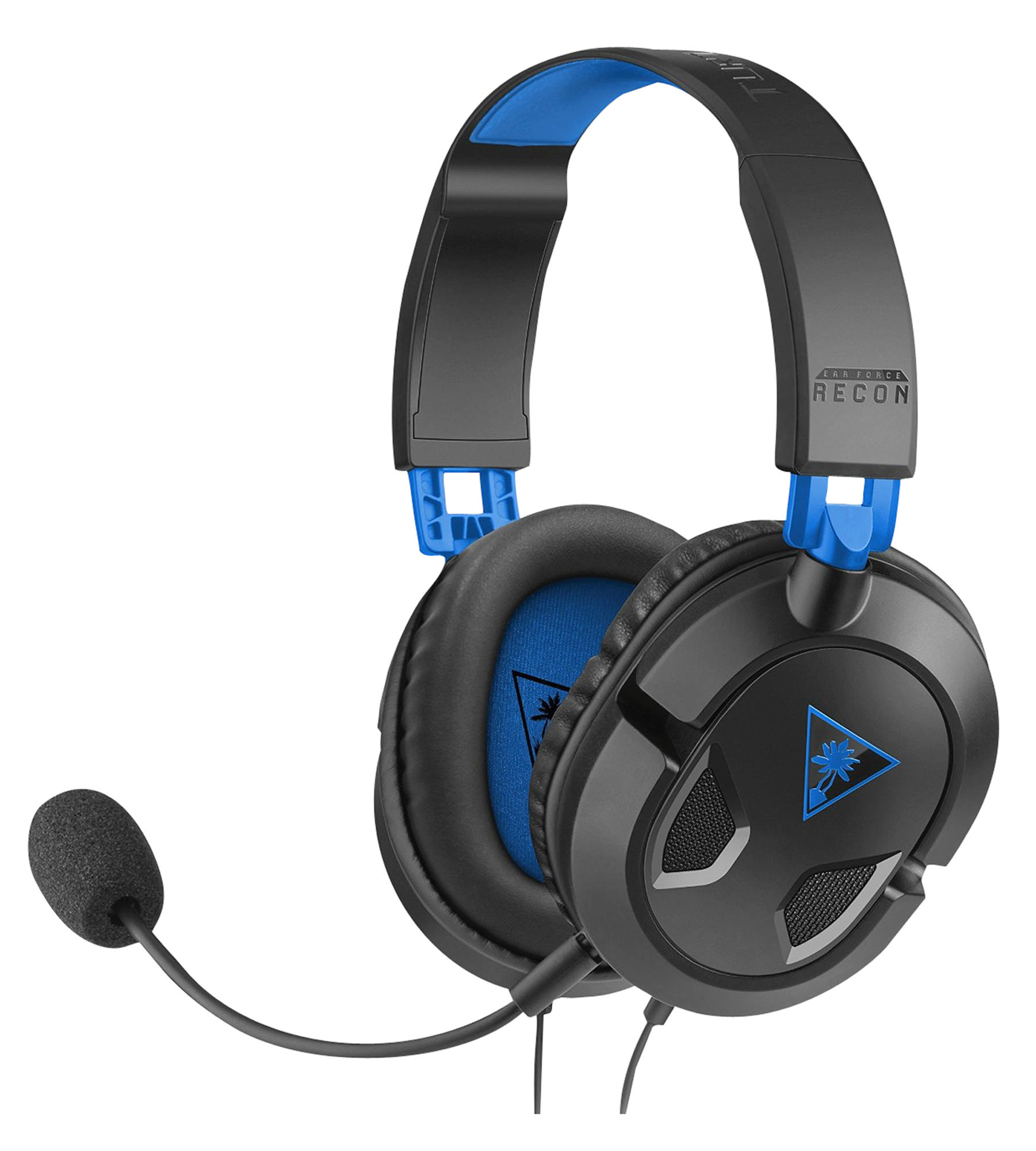 Auriculares gaming Turtle Beach Recon negros y azules con micrófono. Logotipo en la copa.