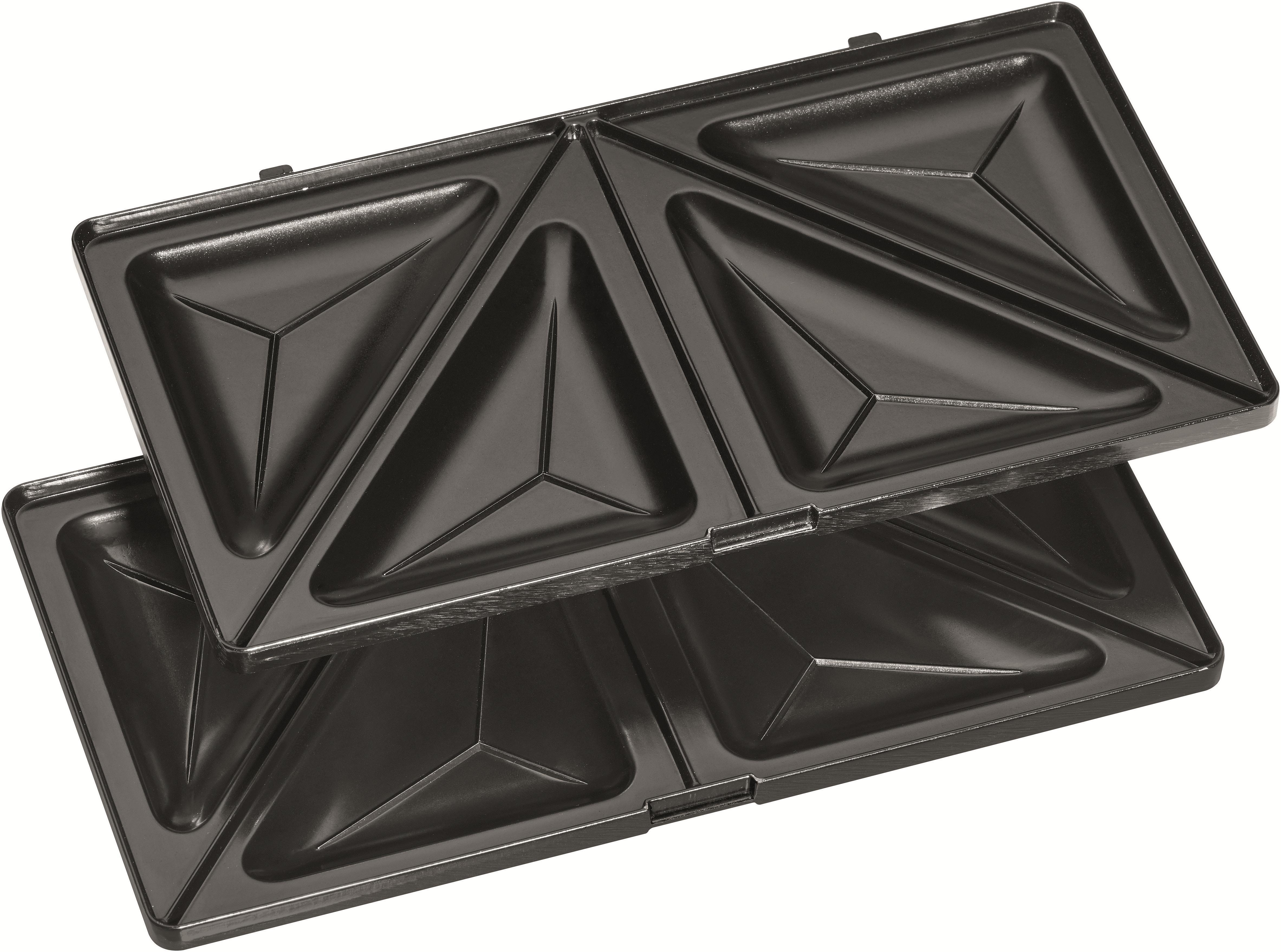Ein offener Sandwichmaker mit dreieckigen Schlitzen. Schwarz und metallisch.