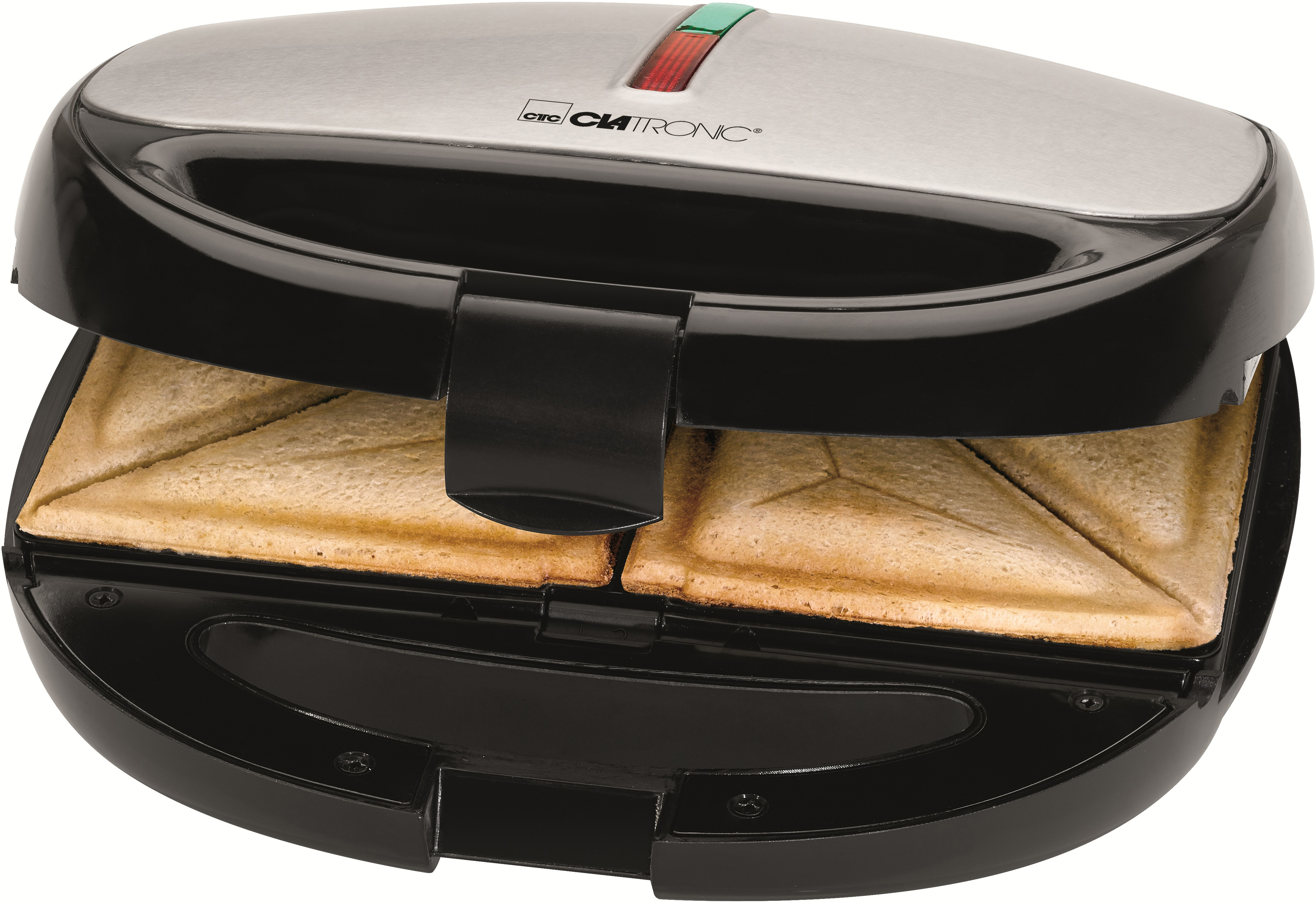 Sandwichmaker mit zwei Toastbrotsandwiches innen, silbernes und schwarzes Design, oben offen.
