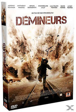 Couverture DVD: Un homme s'enfuit d'une explosion. Titre: DÉMINEURS. Noms des acteurs en haut.