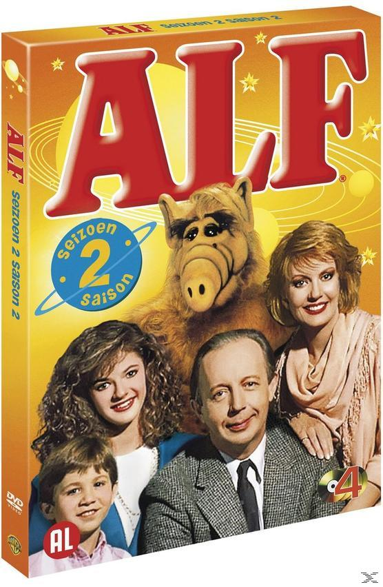 DVD-hoes voor ALF seizoen 2. ALF, een bruine alien, is de hoofdafbeelding, met een gezin.