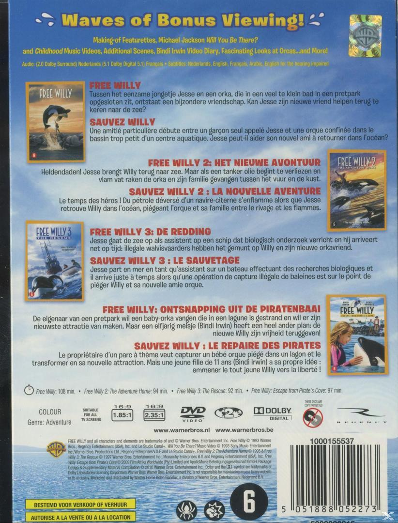 Dos d'un boîtier DVD de la série 'Free Willy'. Images de baleines et d'une fille avec du texte en plusieurs langues.