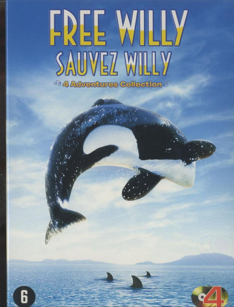 Pochette de DVD pour 'Free Willy' avec une baleine sautant de l'océan, et le titre en bleu.