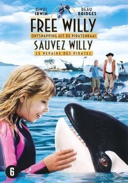 DVD-hoes voor 'Free Willy'. Een meisje raakt een walvis aan. Twee jongens en een man op de achtergrond.