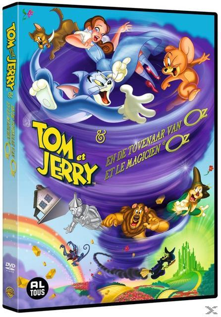 DVD-hoes van Tom en Jerry in Oz, met personages en een tornadoscène.