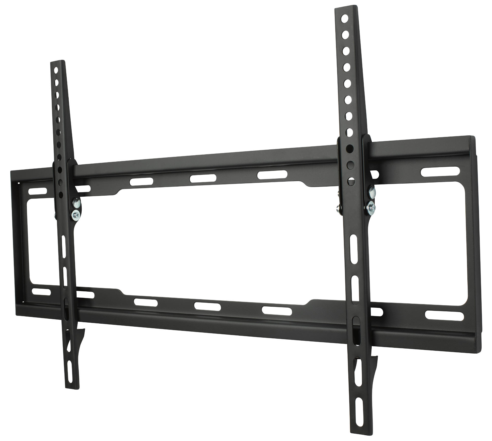 Support mural TV noir avec supports et trous de vis. Conçu pour un téléviseur à écran plat.