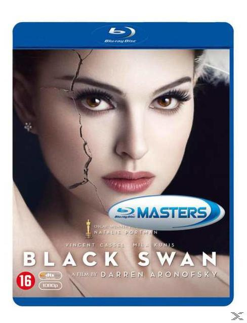 Couverture Blu-Ray de Black Swan. Visage de Natalie Portman avec une fissure. Logo Blu-Ray, lauréat Oscar et classification.