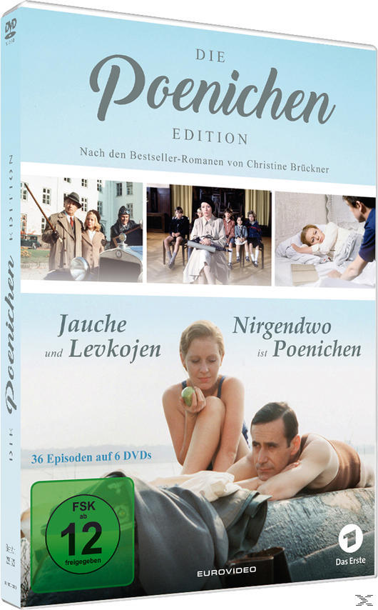 DVD-Hülle mit Fotos, Titel 'Die Poenichen' und Text. Mehrere Bilder mit Personen und Szenen.