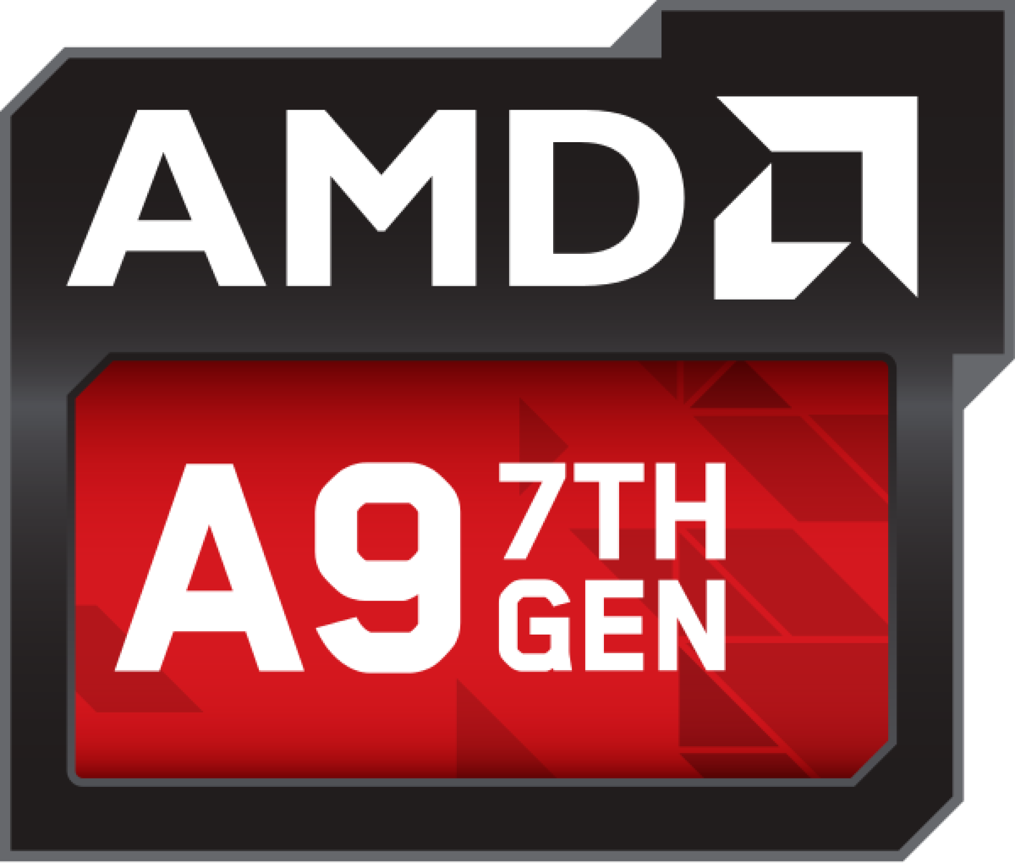 AMD A9 7th Gen logo met rode achtergrond en witte tekst op een zwarte achtergrond.