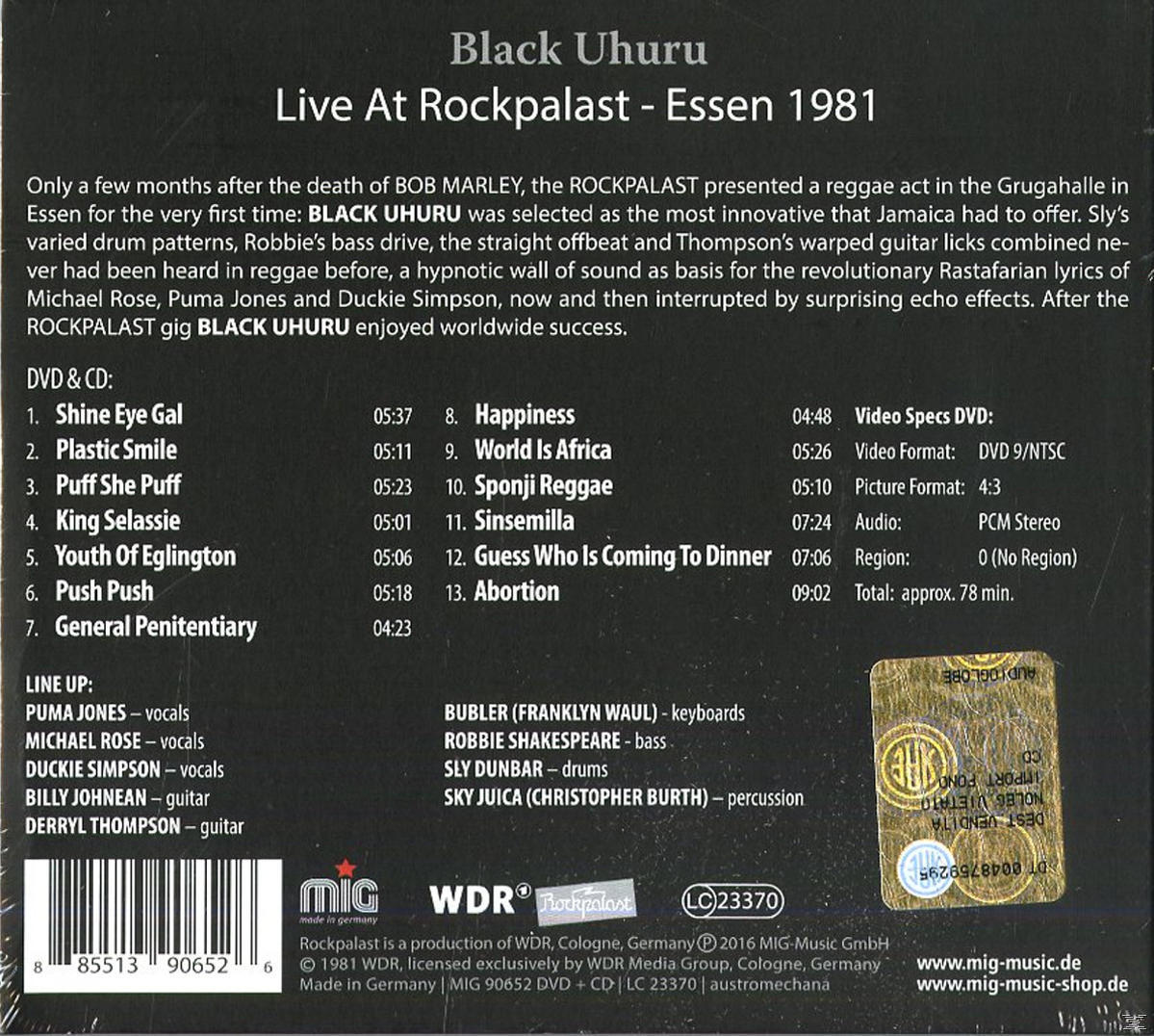 CD-Rückseite mit Text und Titelliste. Enthält einen Bandnamen und ein Foto der Band.