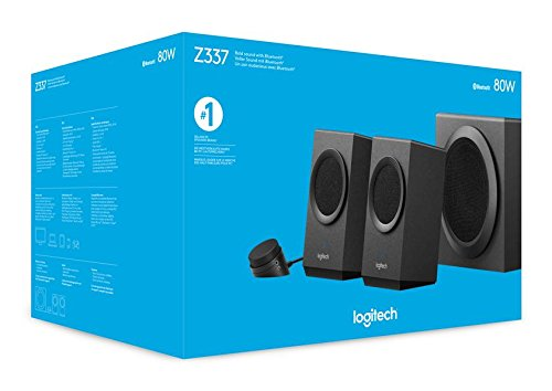 Egy kék Logitech Z337 hangszórórendszer doboza. Három fekete hangszóró és egy kis fekete vezérlőgomb látható.