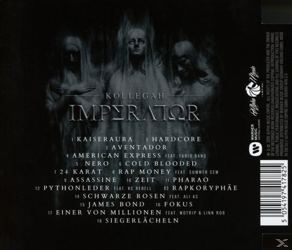 Albumcover: Drei Figuren in Weiß, dunkler Hintergrund, das Wort IMPERATOR, mit Songtiteln.