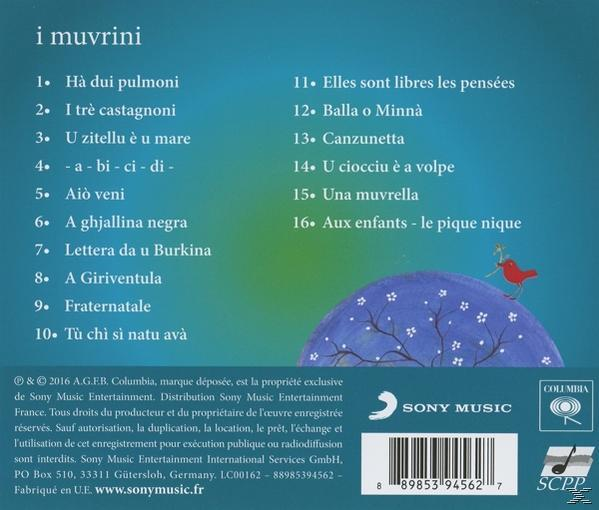 CD-Cover mit Liedtiteln auf Korsisch und Französisch. Blauer und grüner Hintergrund mit einem roten Vogel.