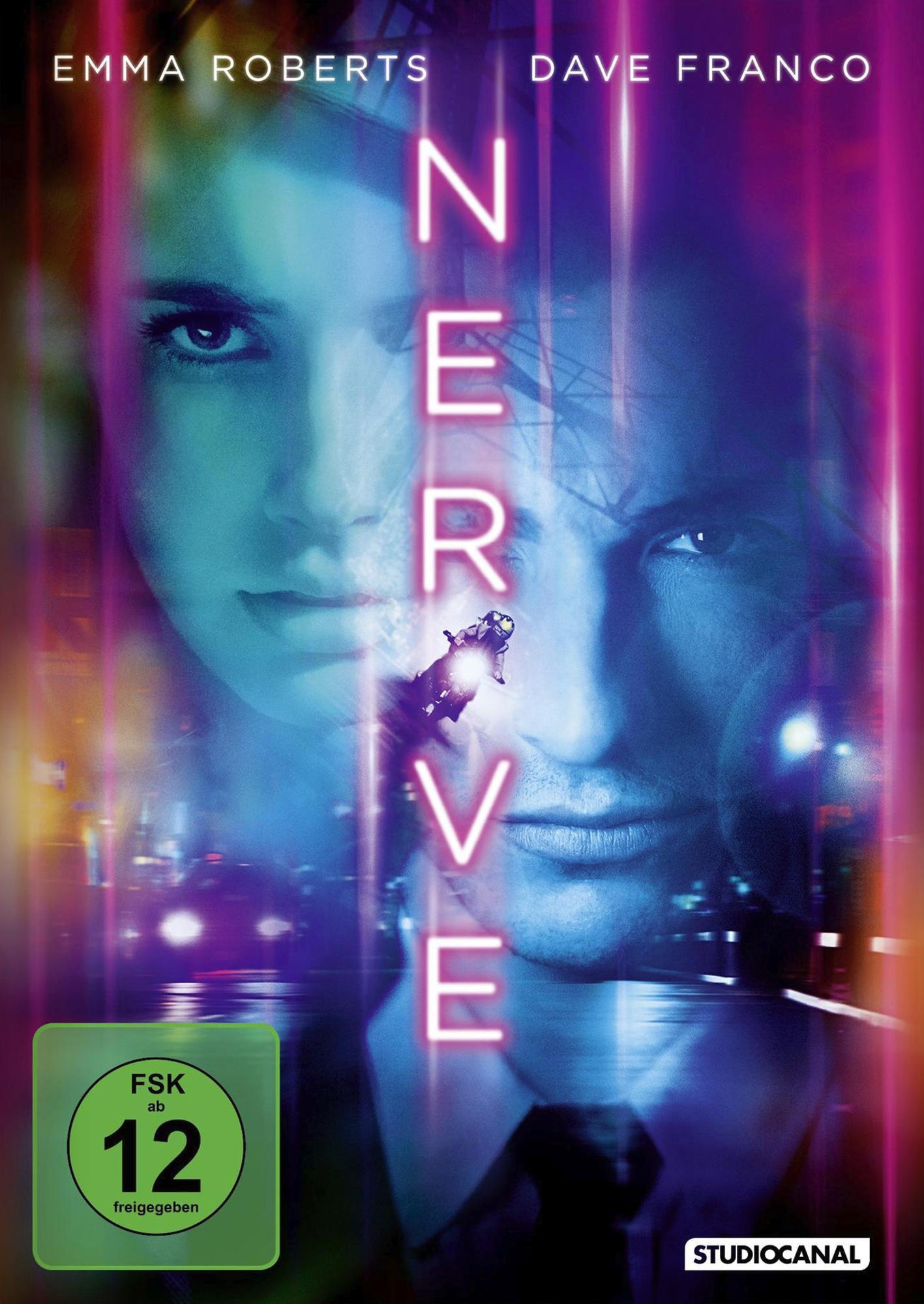 Filmcover für 'Nerve'. Zeigt die Gesichter von zwei Personen und einen Neon-Titel mit einem grünen Rating-Aufkleber.
