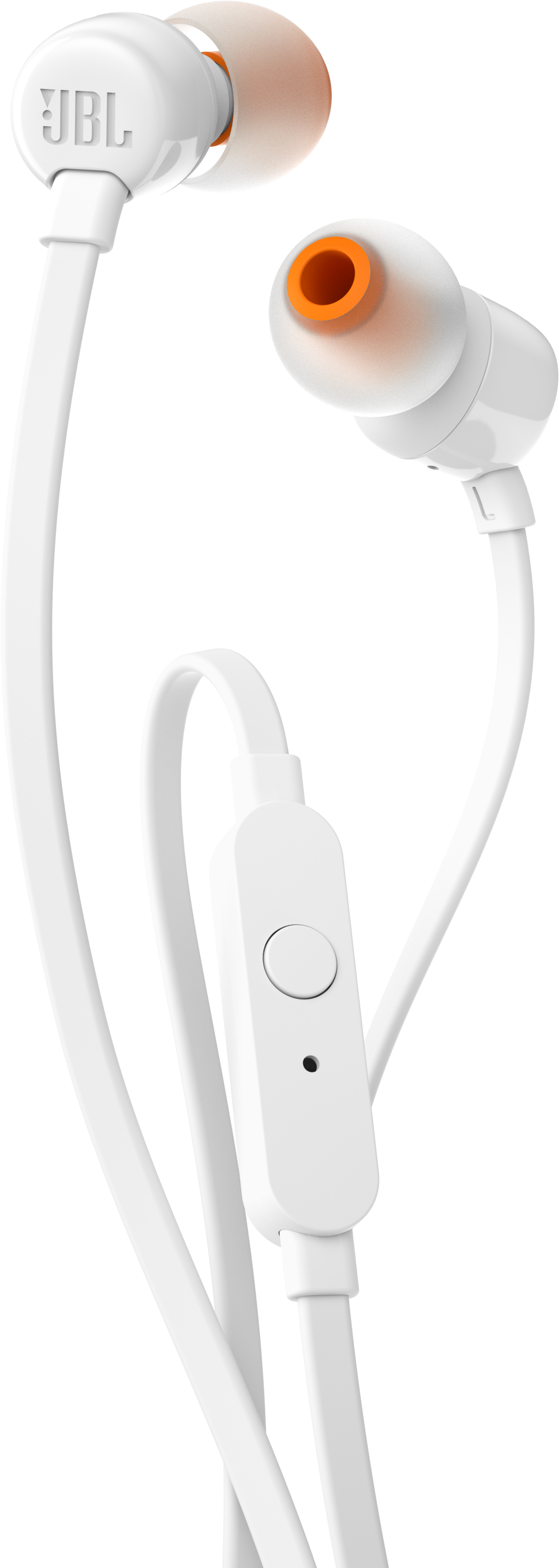 Écouteurs intra-auriculaires JBL blancs. Embouts d'oreille oranges et un bouton de commande sur le câble.