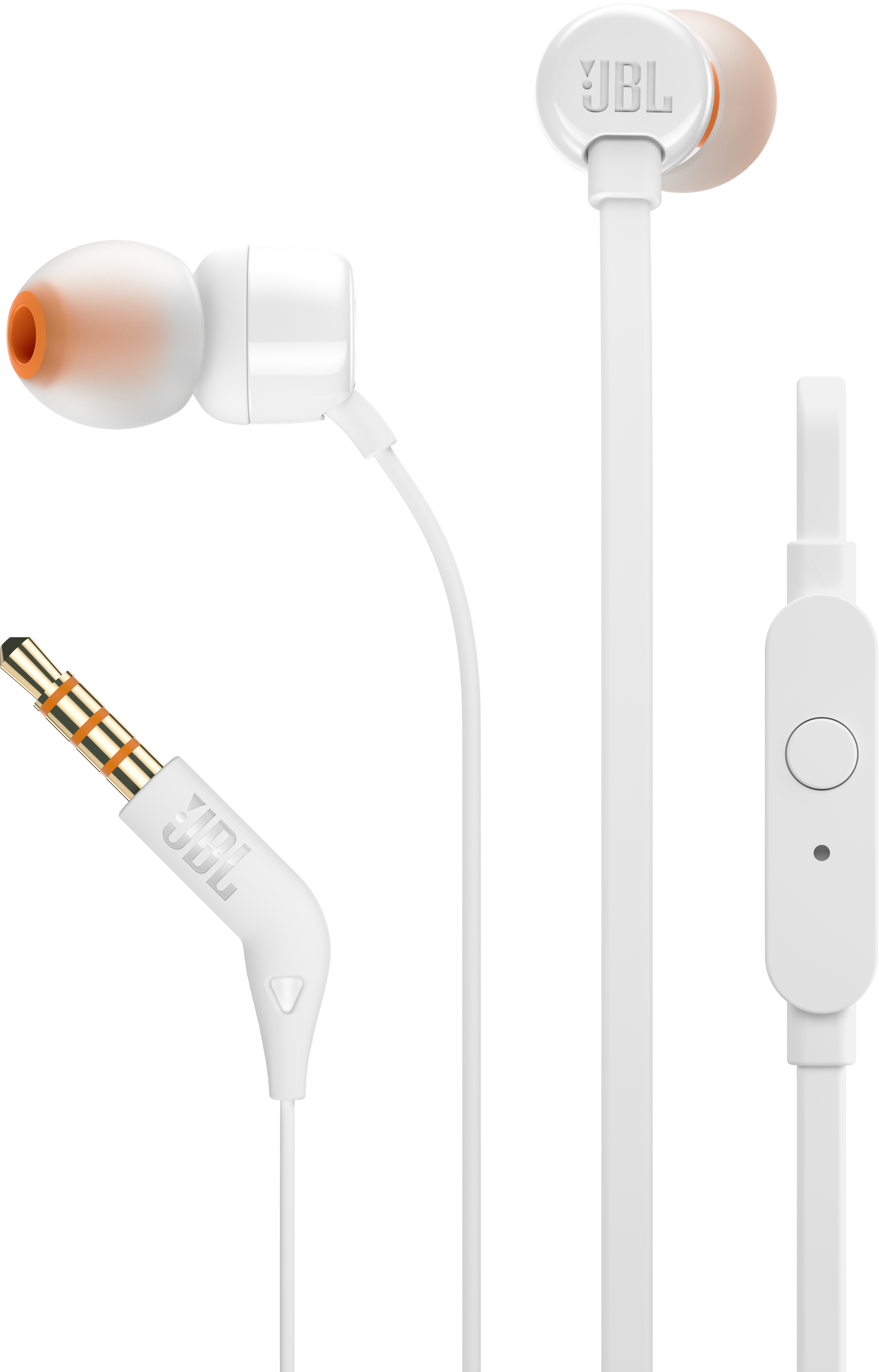 Écouteurs intra-auriculaires JBL blancs avec embouts orange et un bouton de commande.