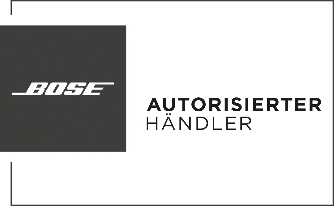 Schwarzes und weißes Bose-Logo mit dem Text 'AUTORISIERTER HÄNDLER' auf weißem Hintergrund, vor einem dunkelgrauen Hintergrund.