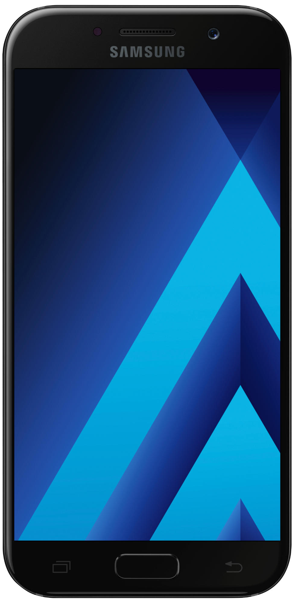 Schwarzes Samsung-Telefon mit blauem und schwarzem Farbverlaufsmuster auf dem Bildschirm.