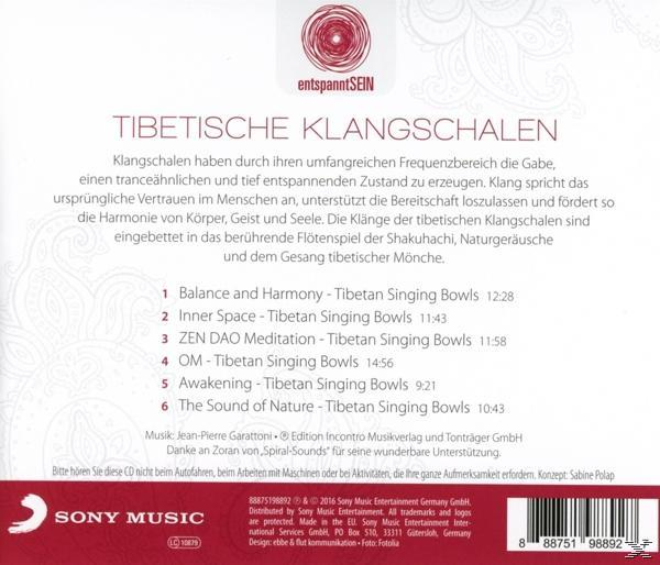 CD-Cover mit Text auf Deutsch, Titel: Tibetische Klangschalen, mit Details zur Musik.