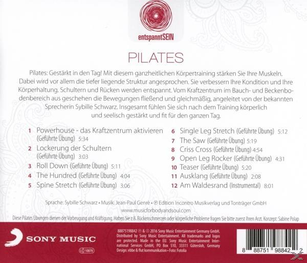 Rückseite einer Pilates-CD. Text und eine Wirbelsäule befinden sich auf dem Cover. Weißer Hintergrund.