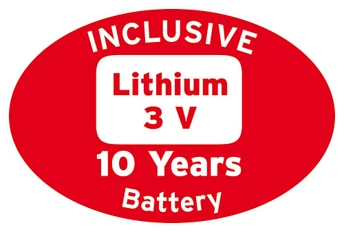 Roter ovaler Aufkleber mit Text: 'Lithium 3V', '10 Jahre Batterie'.
