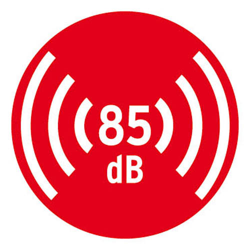 Ein roter Kreis mit weißem Schallwellensymbol und Text: (85) dB, der den Geräuschpegel angibt.