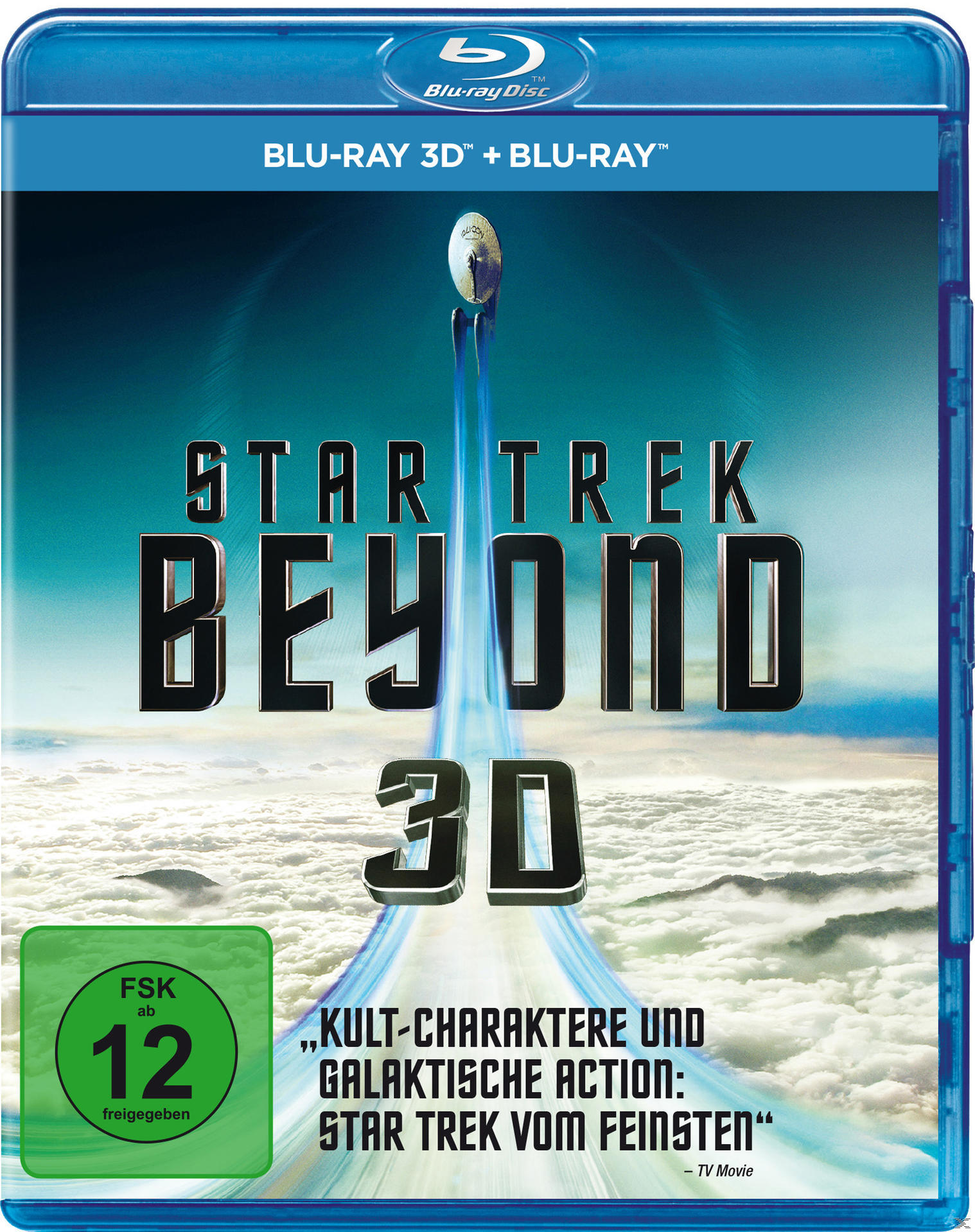Star Trek: Beyond 3D Blu-Ray-Cover. Titel in großer Schrift, ein Raumschiff-Grafik und eine grüne Altersfreigabe.