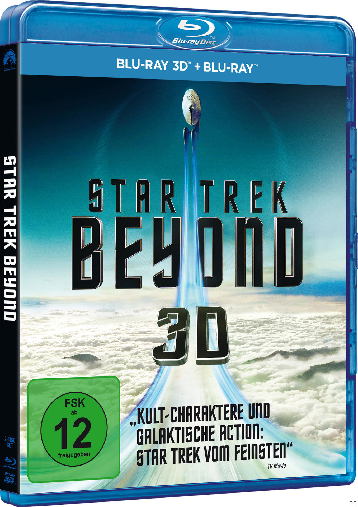 Blu-ray-Cover für Star Trek Beyond 3D. Enthält Text, ein Raumschiff und einen bewölkten Hintergrund.