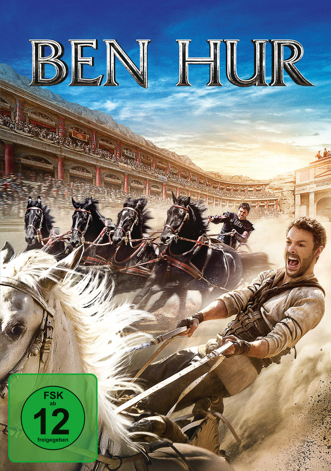 Filmplakat von Ben Hur. Eine Wagenrennen-Szene mit Pferden und Männern. Grüner Kreis mit FSK 12 in der Ecke.