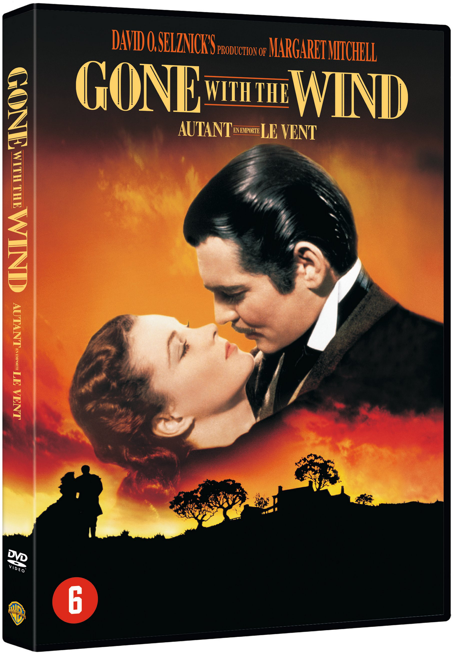 Jaquette DVD pour 'Autant en emporte le vent'. Un homme et une femme s'embrassent, avec un coucher de soleil et des arbres.