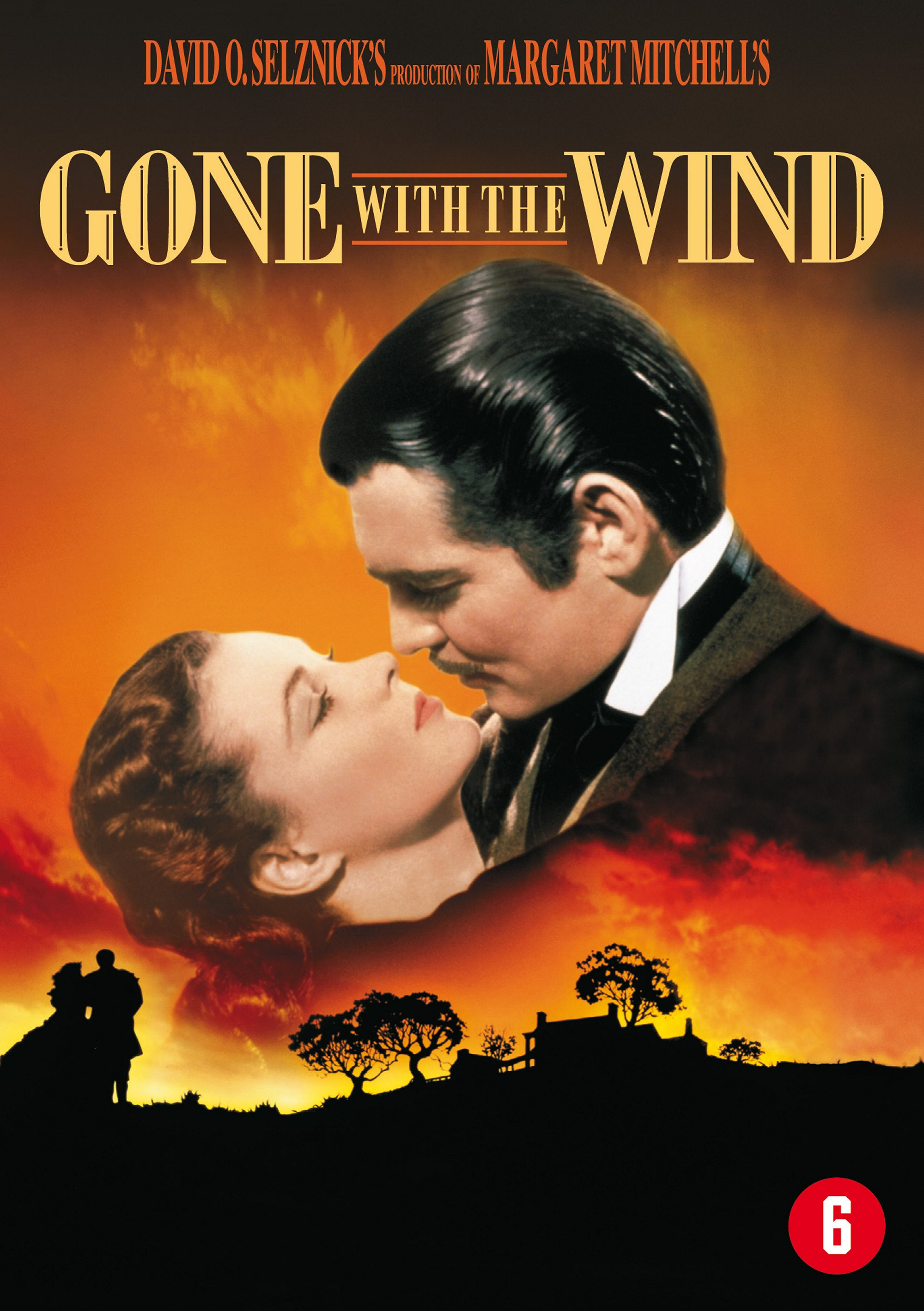 Affiche de film avec couple enlacé, titre 'Autant en emporte le vent'. Fond coucher de soleil, silhouettes.
