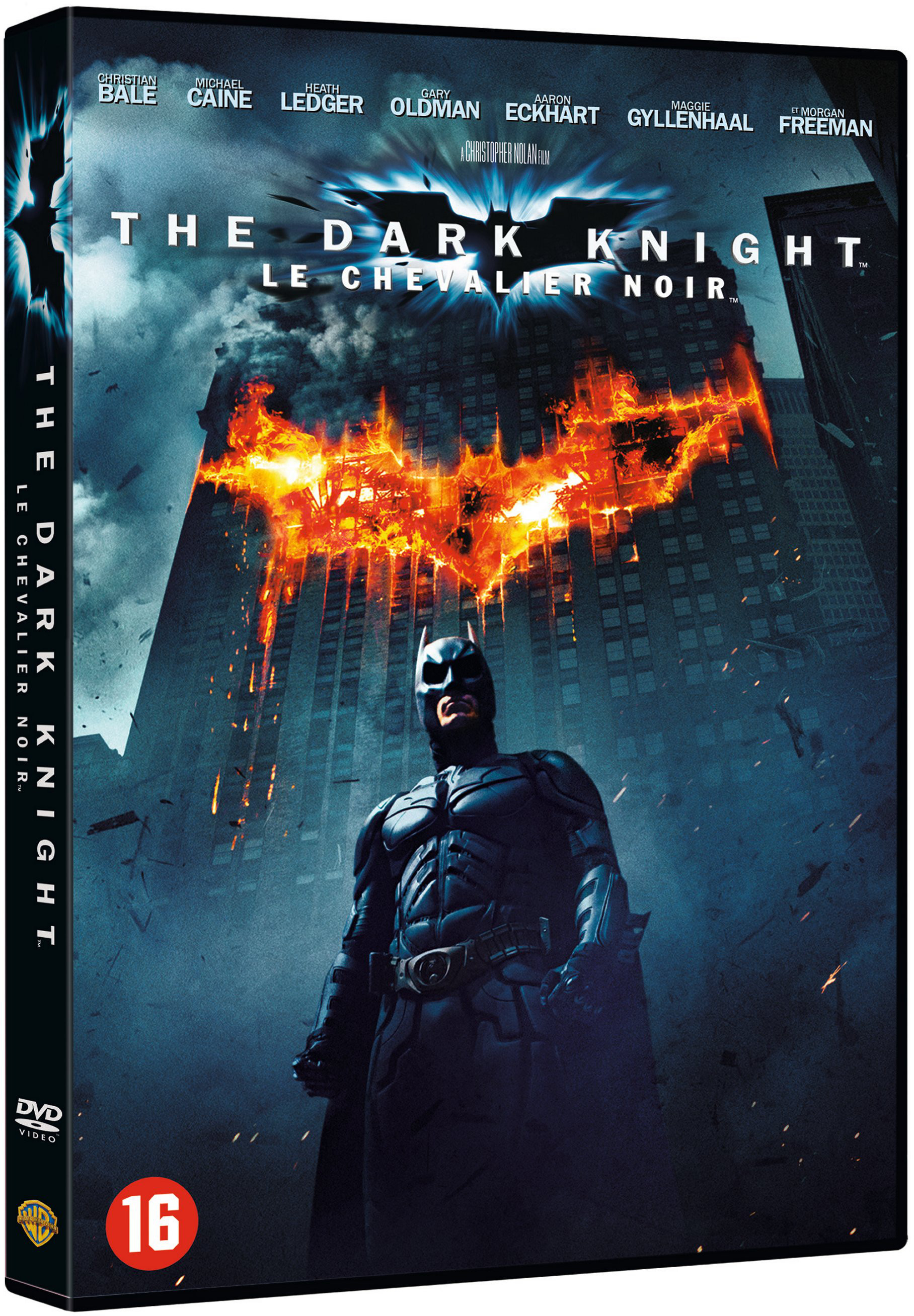 Pochette de DVD pour 'The Dark Knight' avec Batman, un bâtiment en feu et les détails du casting.