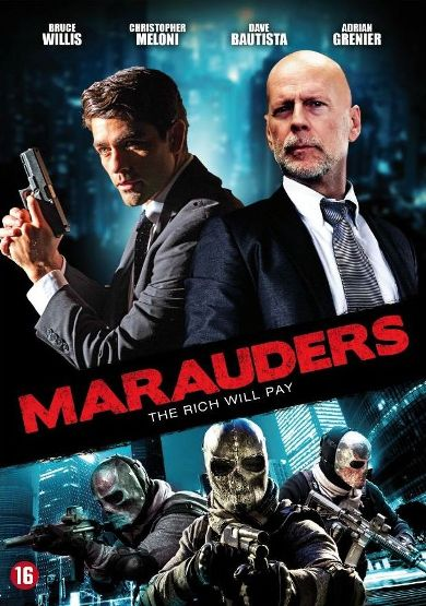 Dvd-hoes voor 'Marauders'. Bruce Willis en andere acteurs worden met wapens getoond.
