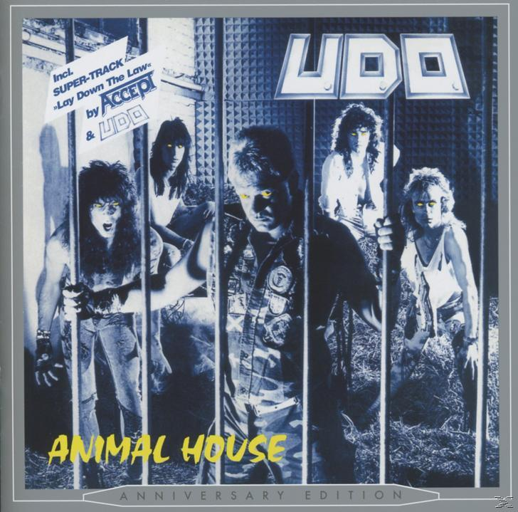 Albumcover der Band U.D.O. mit sechs Bandmitgliedern hinter Gittern, Albumtitel 'Animal House'.