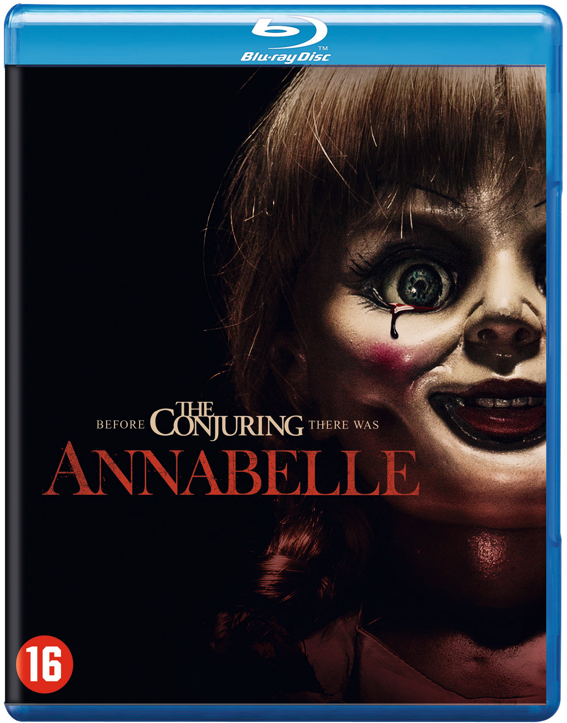 Couverture Blu-ray d'Annabelle avec un visage de poupée et du texte rouge.