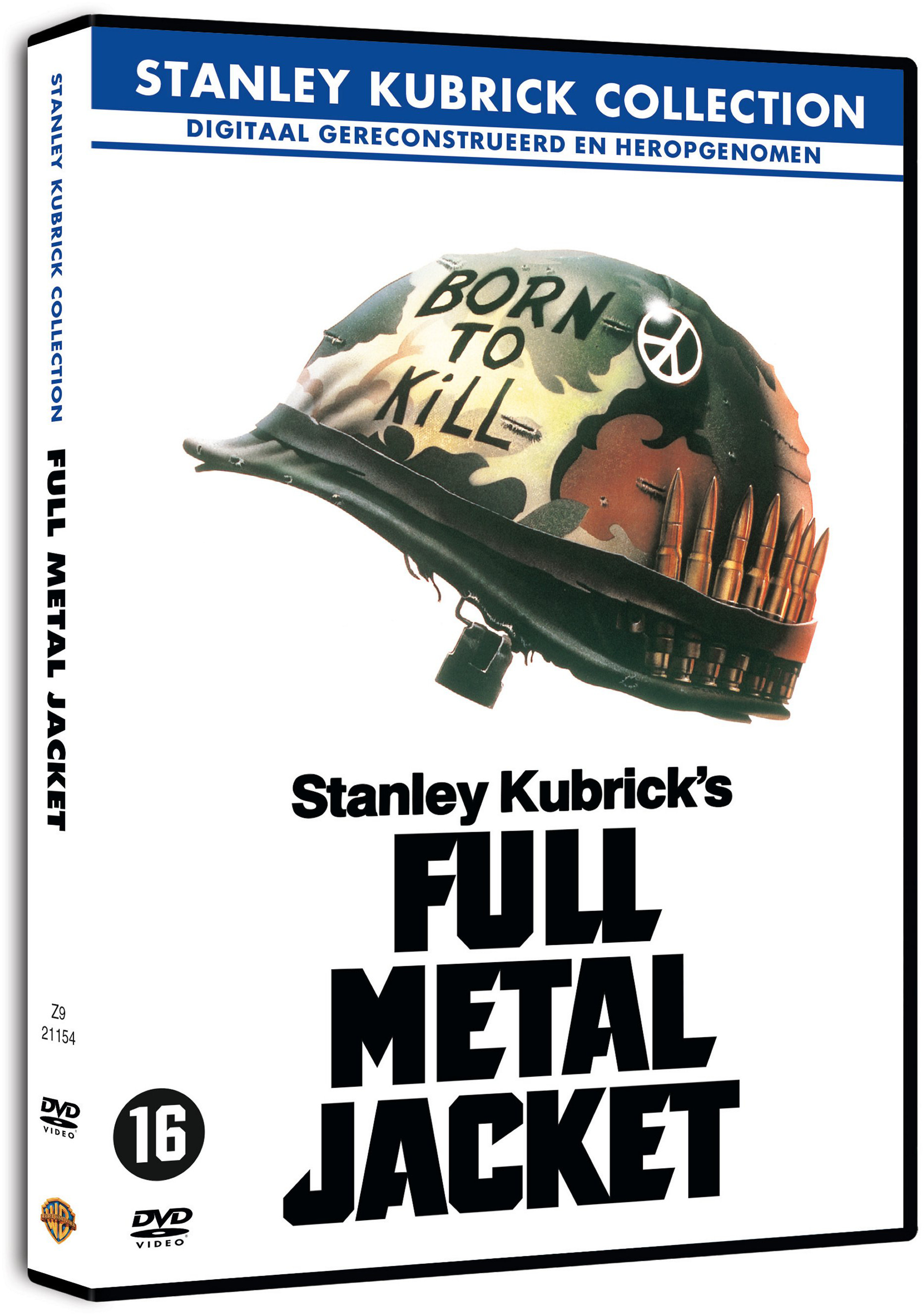 DVD-hoes van Full Metal Jacket. Een helm is gecentreerd, met opschrift en kogels. De titel staat hieronder.