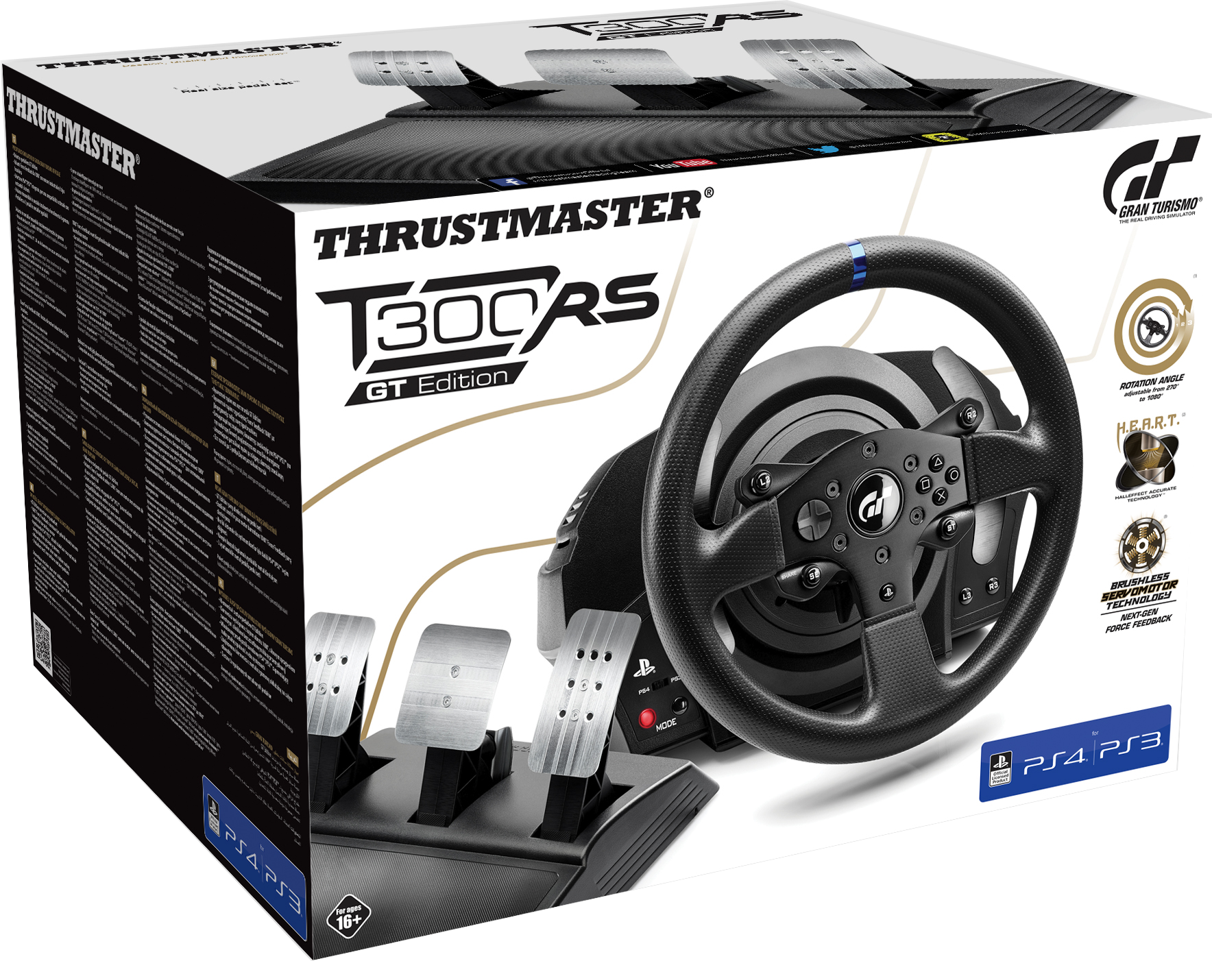 Gaming-Lenkrad-Set. Schwarz und grau, mit Pedalen und Schaltung. Thrustmaster-Logo.