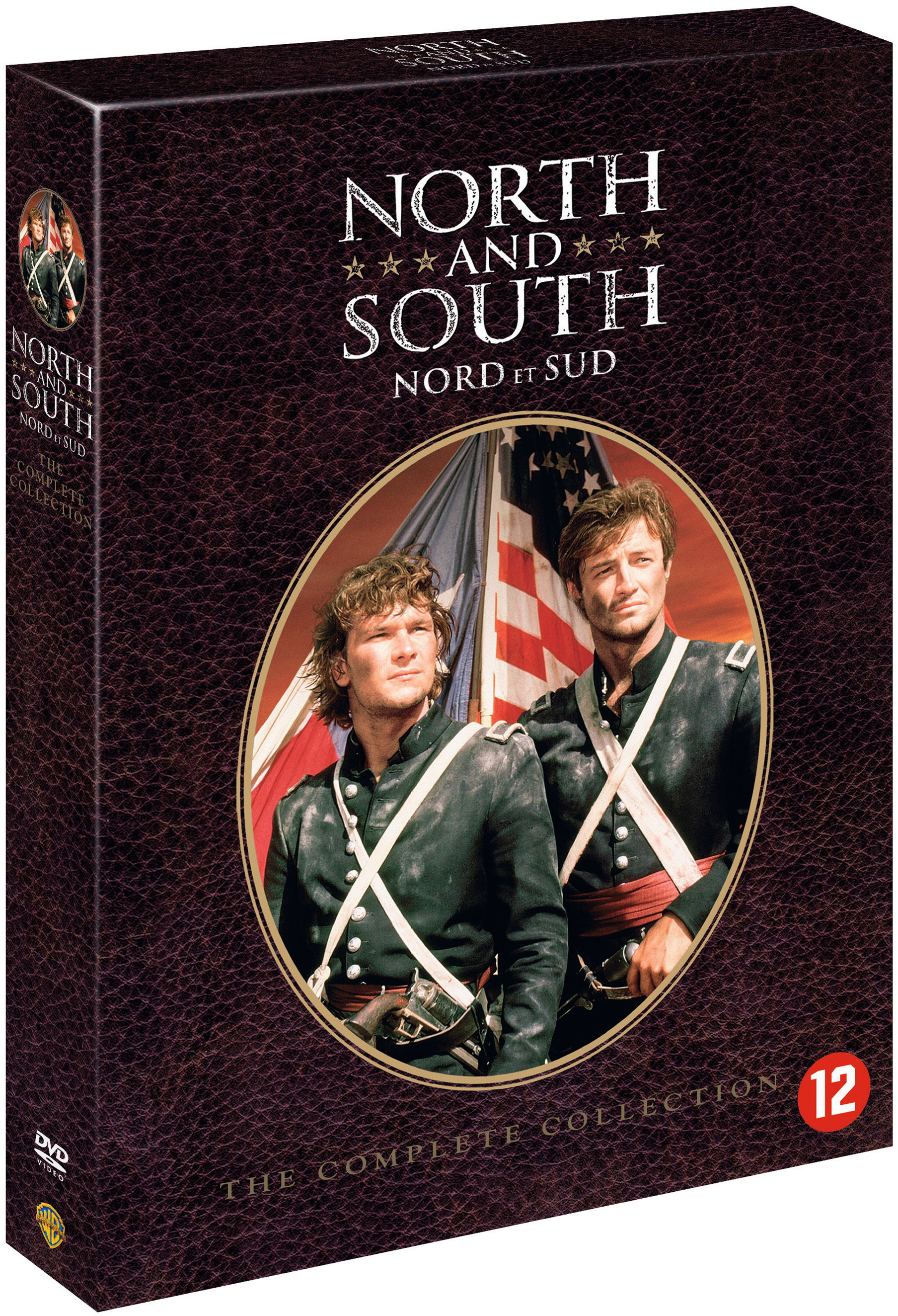 Couverture du DVD : 'Nord et Sud', deux hommes en uniforme militaire, fond du drapeau américain.