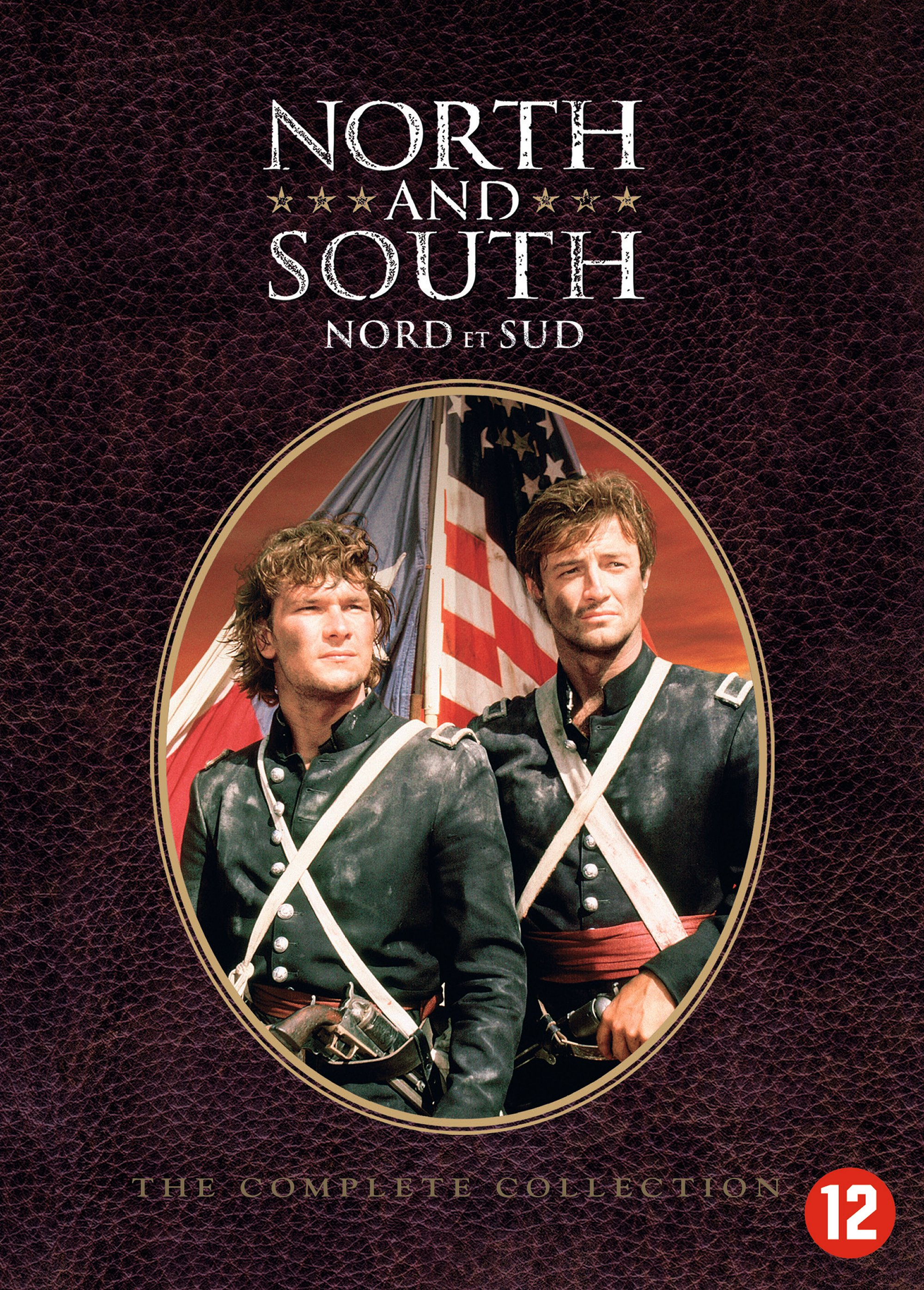 Jaquette DVD : Nord et Sud. Deux hommes avec le drapeau américain en arrière-plan.