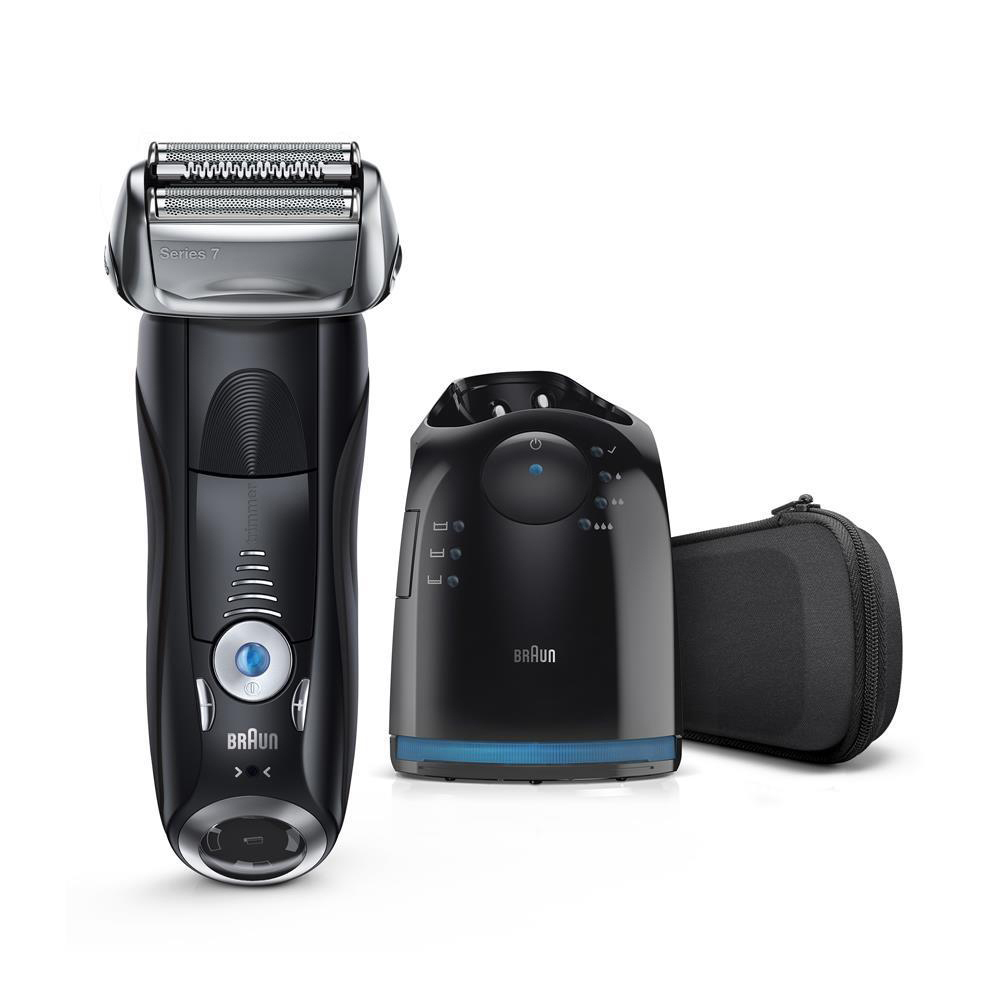 Schwarzer elektrischer Rasierer Braun Series 7, Ladestation, und Etui.