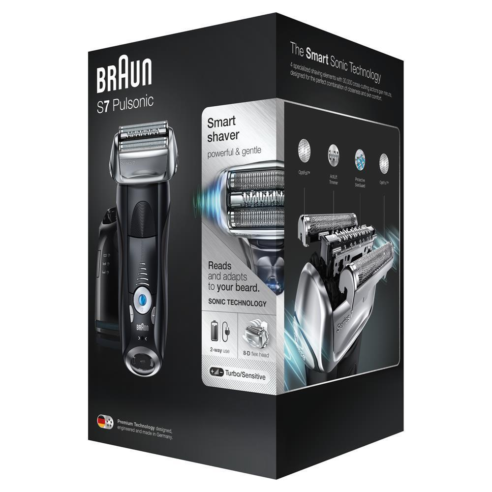 Braun S7 Pulsonic Elektrorasierer-Box mit Produktbildern und Details.