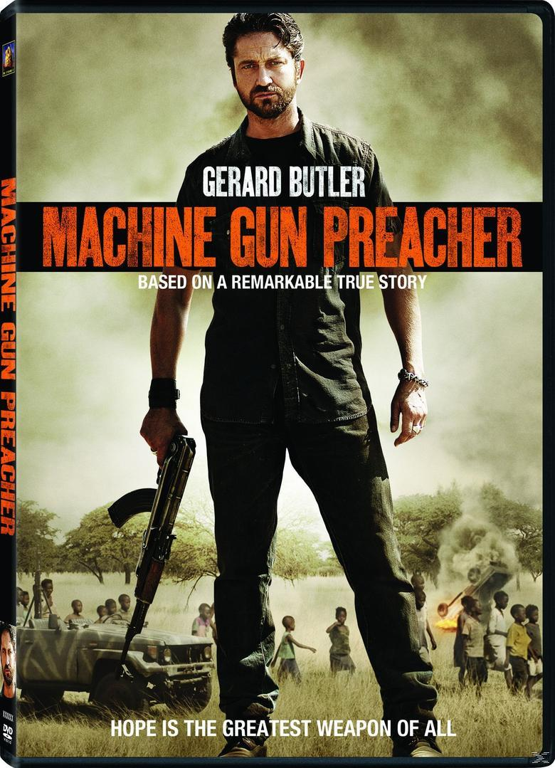 Affiche du film : Gerard Butler avec une arme. Titre : Machine Gun Preacher. Arrière-plan : personnes et voiture.
