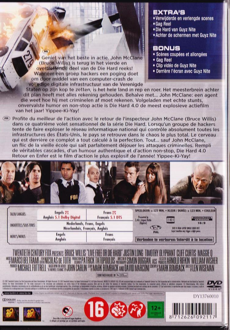 DVD-hoes voor 'Live Free or Die Hard'. Een auto staat ondersteboven. De tekst is in het Engels en Frans.